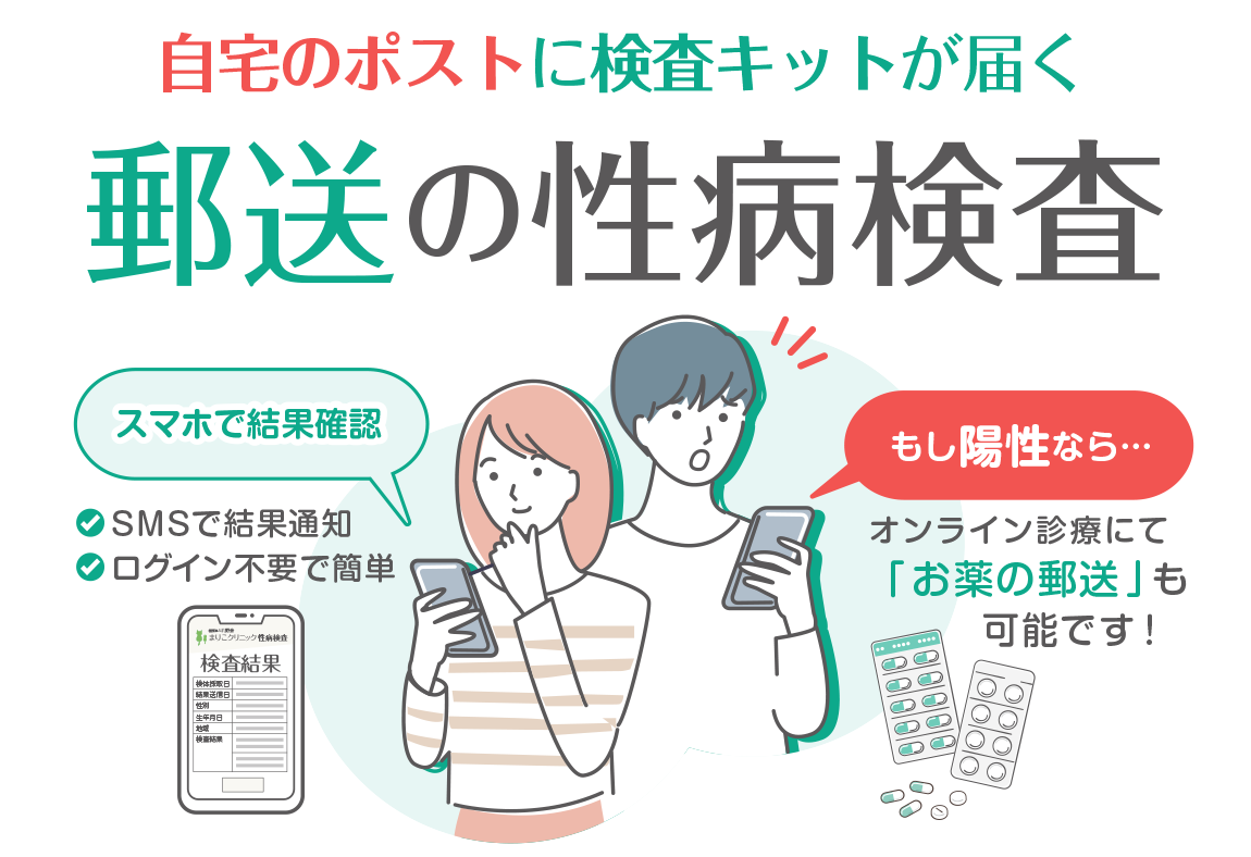 医療法人駒野会 まりこクリニック 医療法人駒野会の運営 自宅のポストに検査キットが届く 郵送の性病検査 スマホで結果確認 もし陽性なら…オンライン診療にて「お薬の郵送」も可能です！ 遺伝子検査 淋菌・クラミジア カンジダ・トリコモナス 血液検査 梅毒・HIV 2,980円 税込 送料無料